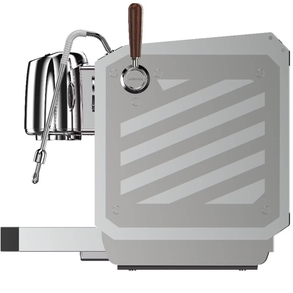 Silver espresso machine with a wooden handle on a white background