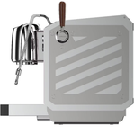 Silver espresso machine with a wooden handle on a white background