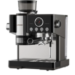 Black and silver espresso machine with visible brand name on a white background