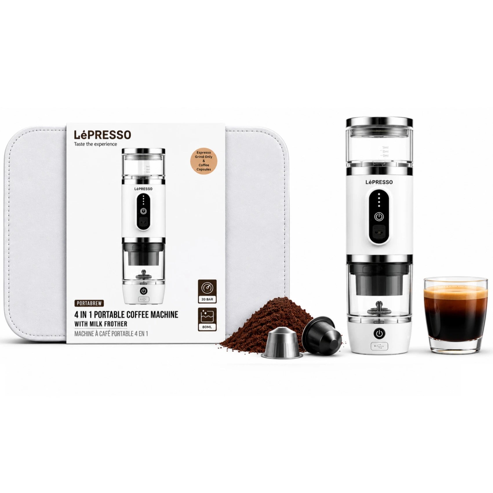 LePresso Portabrew 4-in-1 Portable Coffee Machine – White | LPCFFM4IN1WH LePresso