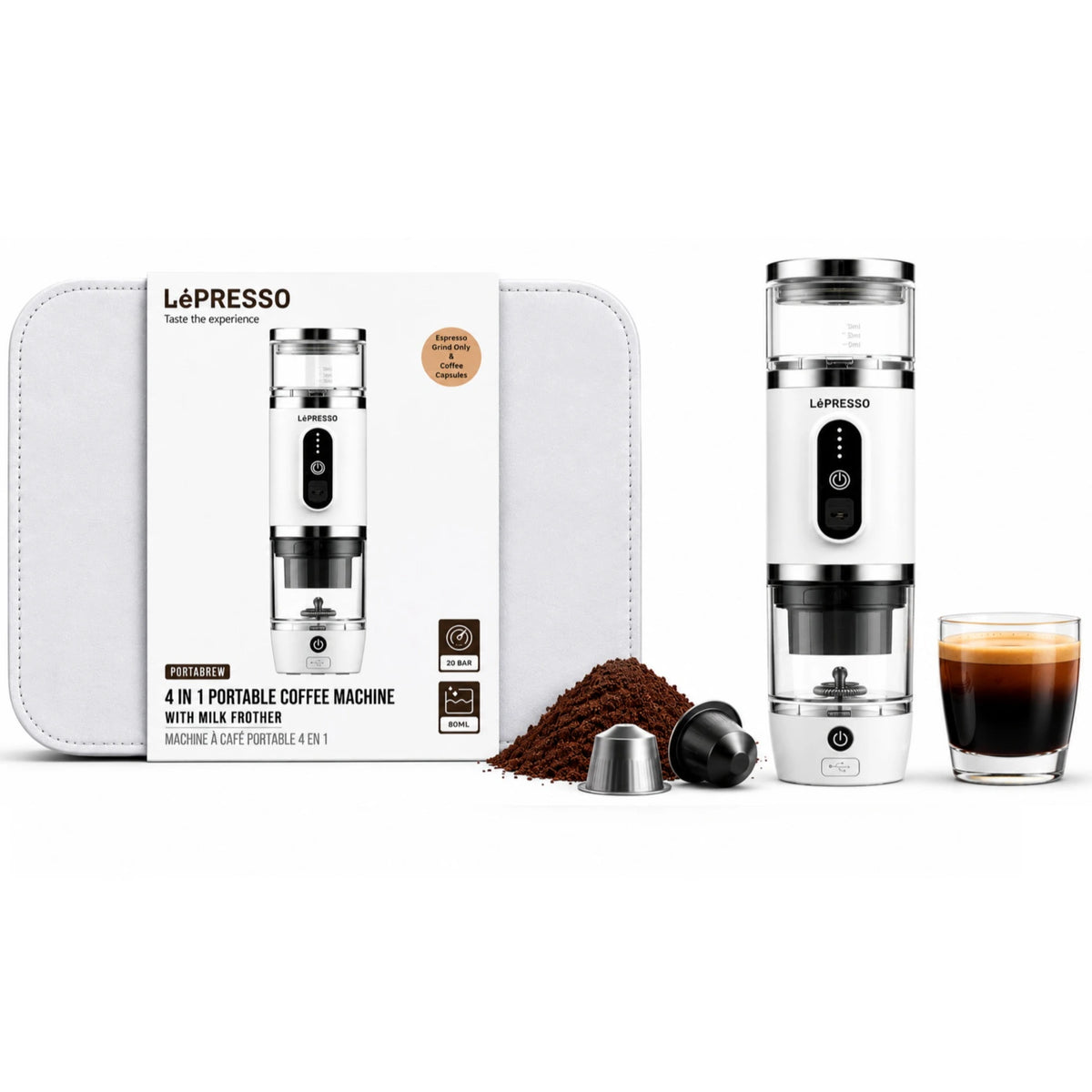 LePresso Portabrew 4-in-1 Portable Coffee Machine – White | LPCFFM4IN1WH LePresso