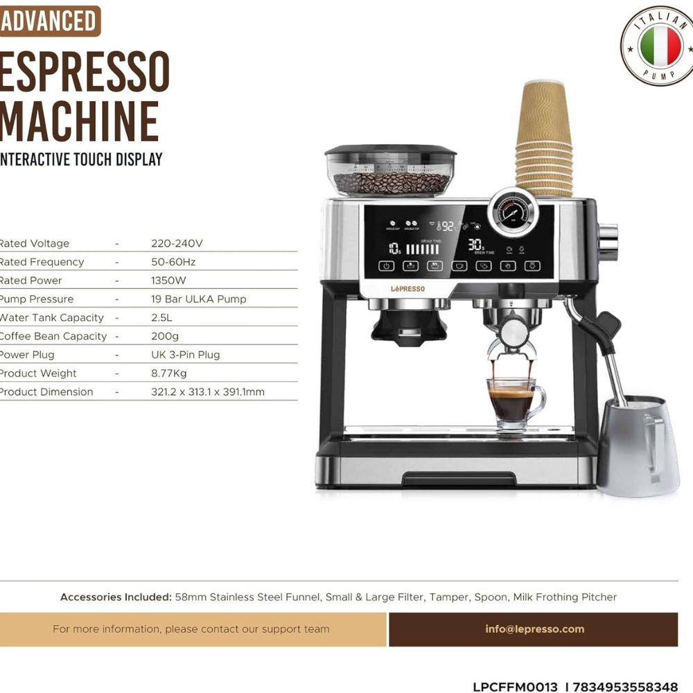 Espresso machine with specifications on a white background