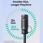 Microphone with battery life indicator on a light blue background