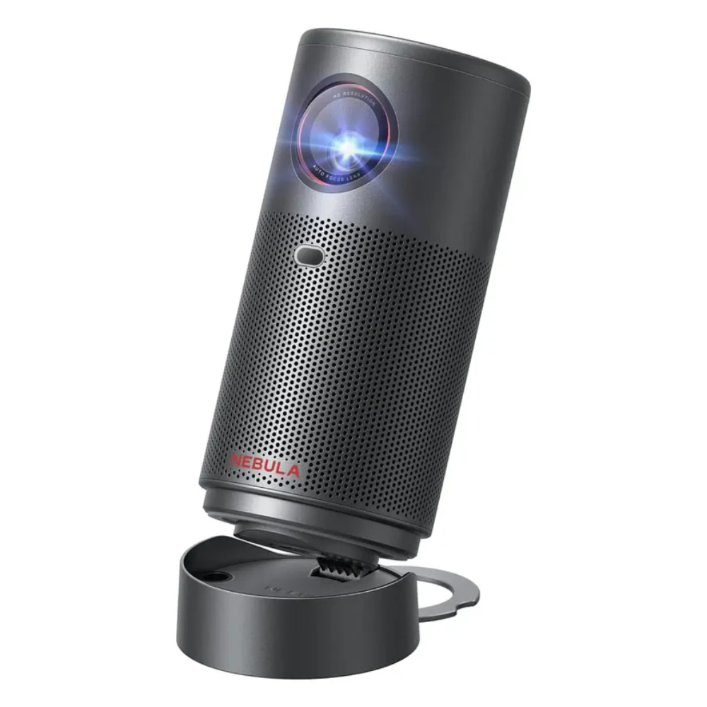 Black portable projector on a white background