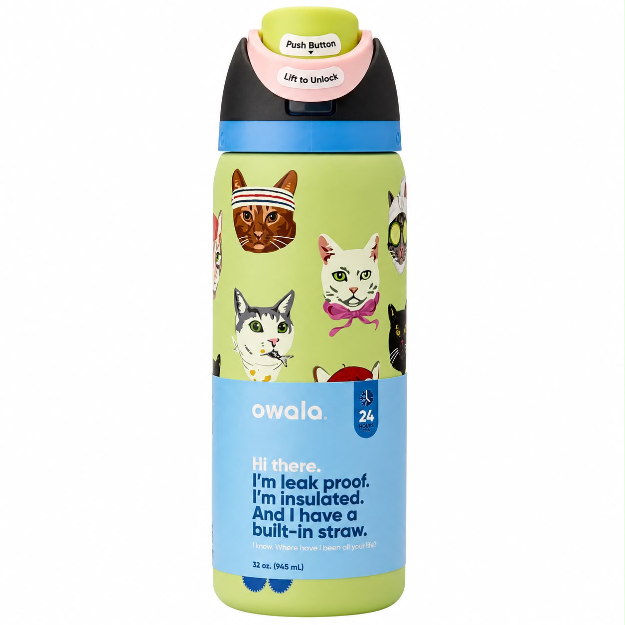 Owala FreeSip Cat Pattern Edition 32oz Stainless Steel Water Bottle Qatar