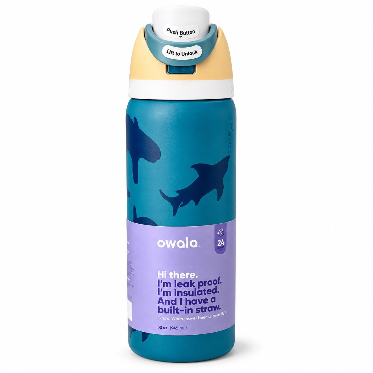 Owala FreeSip Shark Print 32oz teal blue insulated stainless steel water bottle Qatar