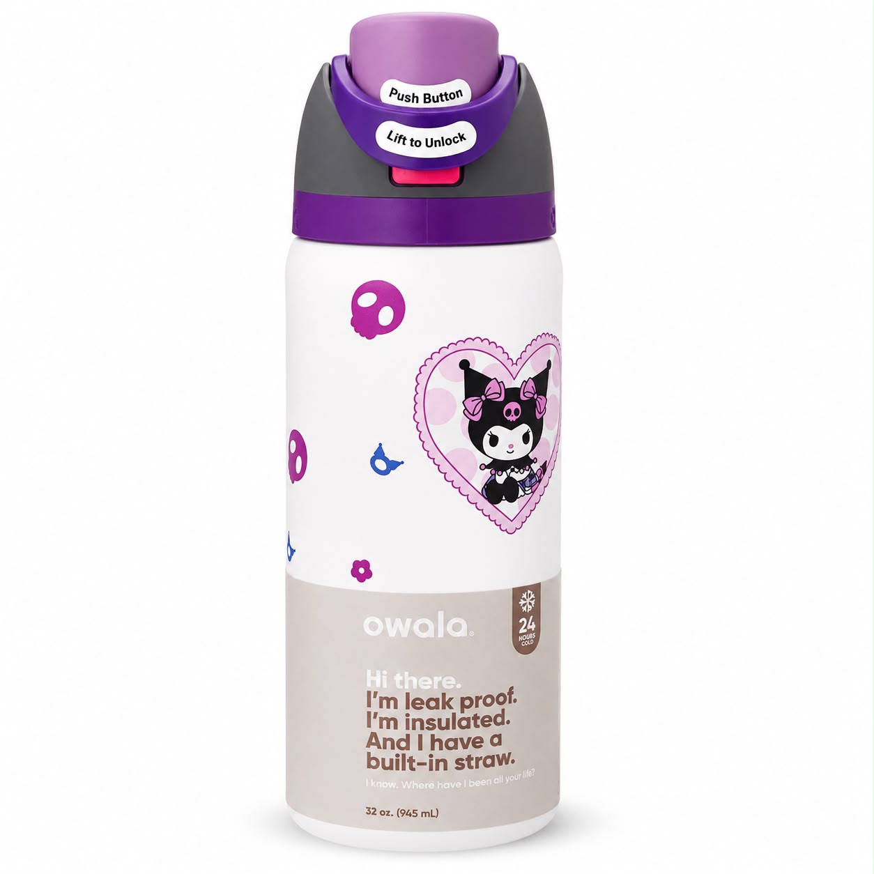 Owala FreeSip Kuromi 32oz Insulated Stainless Steel Water Bottle Purple White Qatar