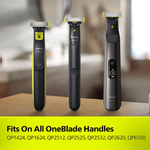 Three Philips OneBlade razors on a blurred background with text indicating compatibility.