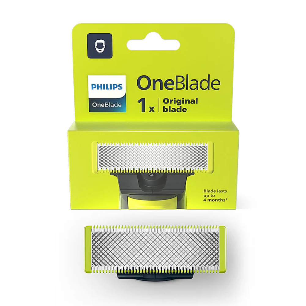 Philips OneBlade original blade packaging with blade visible on a white background