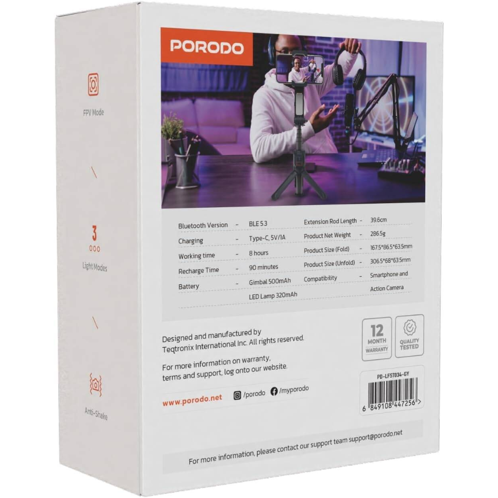 Porodo 2 axis gimbal stabilizer packaging with product specifications and features
