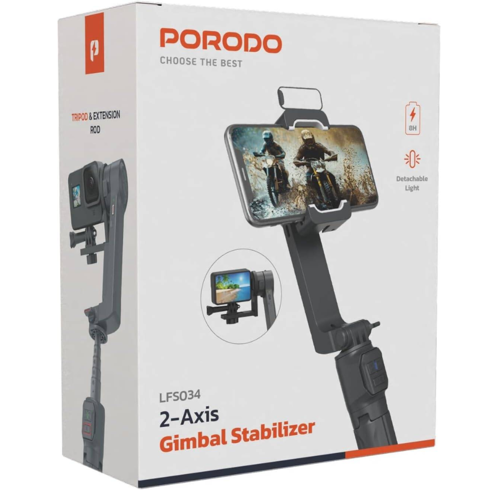 Porodo 2 axis gimbal stabilizer retail box showing smartphone stabilization features