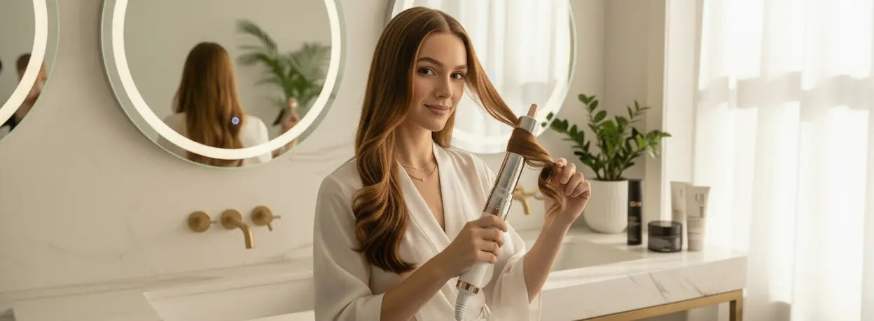 Woman styling hair with Porodo 5 in 1 hair dryer and curler