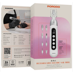 Porodo 8-in-1 rechargeable electric nail drill packaging with product illustration and specifications.