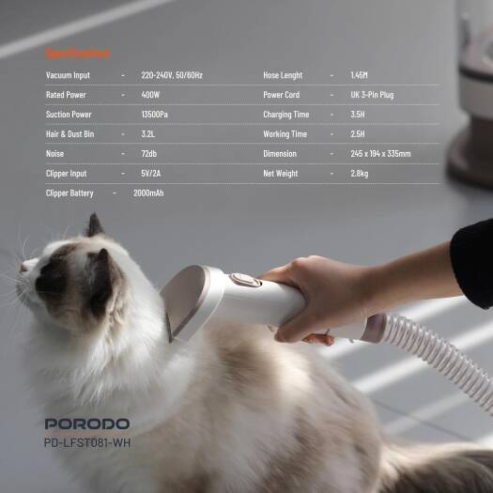 Person using a pet grooming tool on a cat with product specifications overlayed.