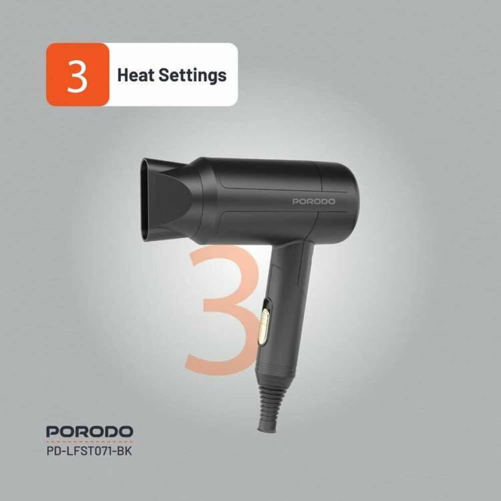 Black hair dryer with '3 Heat Settings' on a gray background, featuring the Porodo brand.