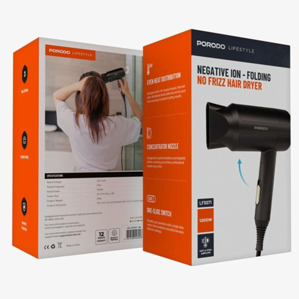 Porodo negative ion folding no frizz hair dryer packaging on a white background