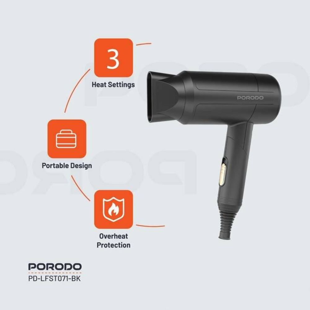Black hair dryer with features highlighted on a light gray background