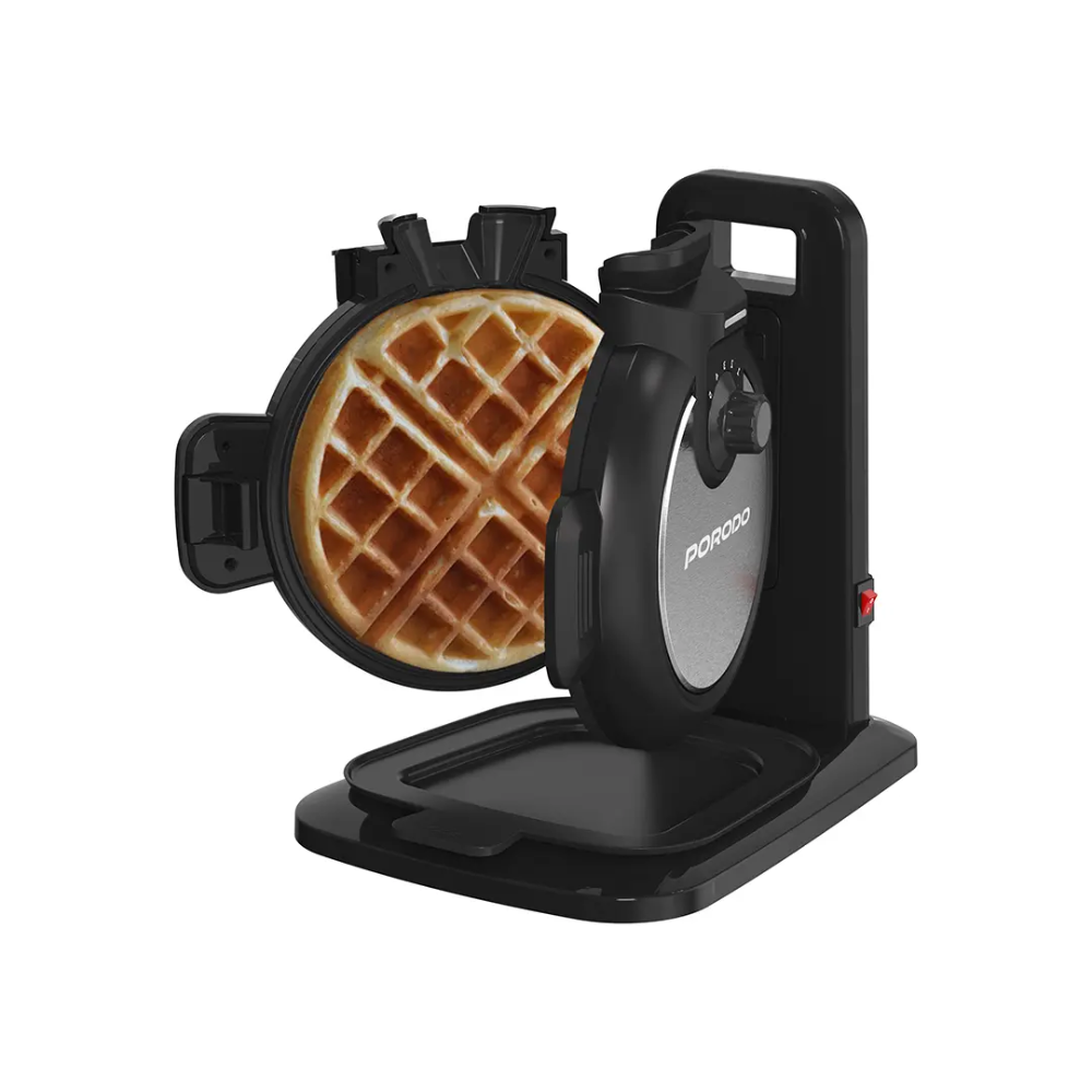 Porodo Lifestyle vertical waffle maker black with golden waffle and nonstick cooking plates