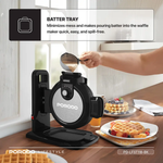 Porodo Lifestyle vertical waffle maker black preparing fresh waffles on a kitchen countertop