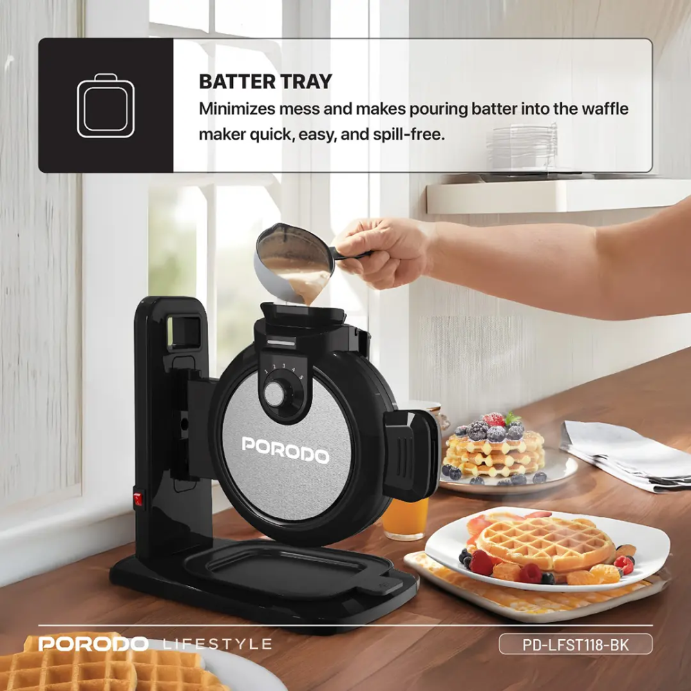 Porodo Lifestyle vertical waffle maker black preparing fresh waffles on a kitchen countertop