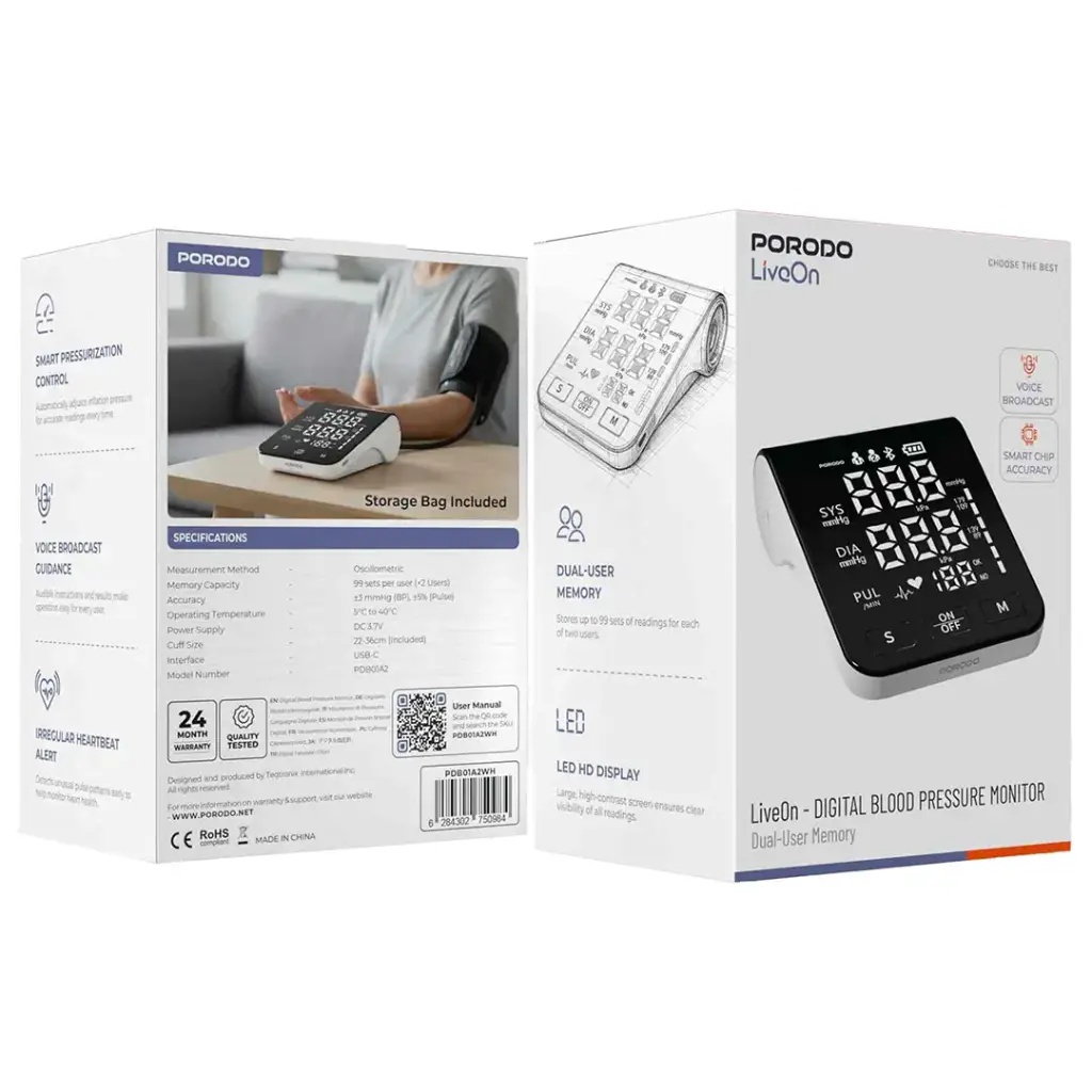 Porodo LiveOn Blood Pressure Monitor with Dual User Memory Qatar