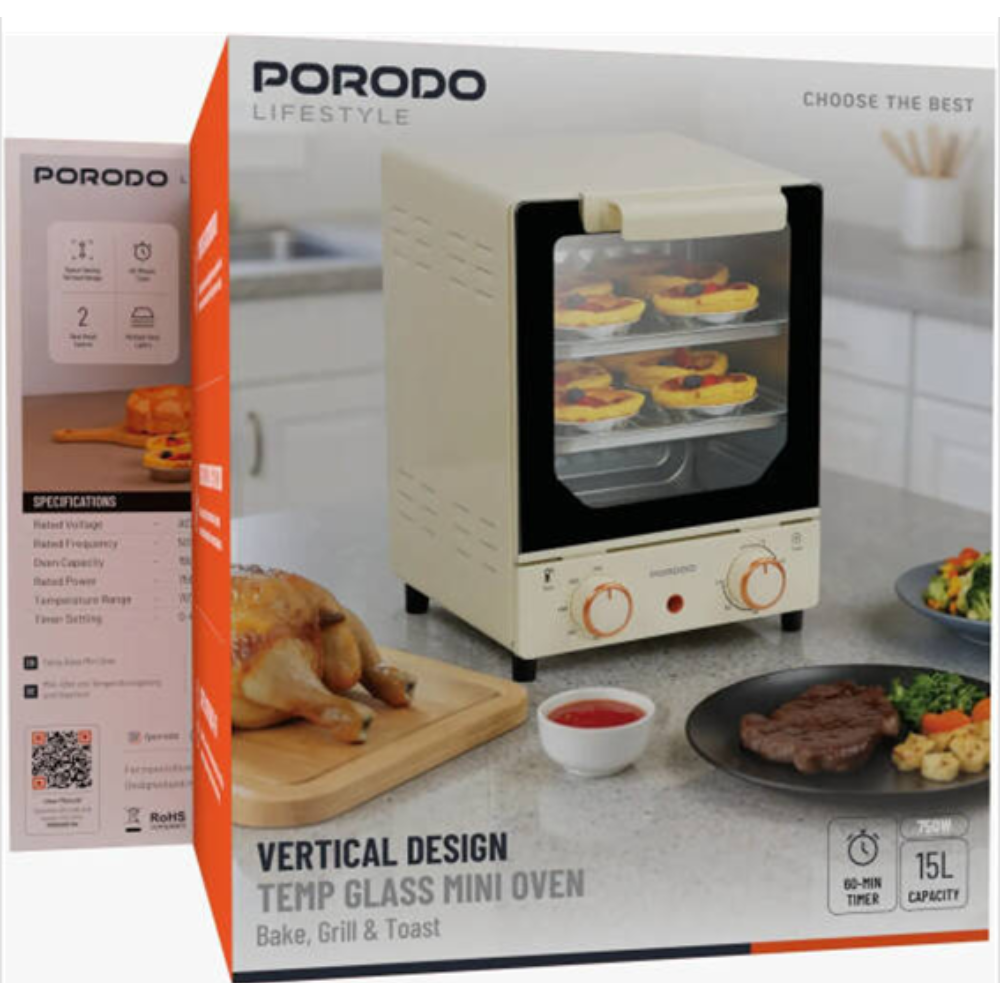 Porodo mini oven packaging with images of food on a kitchen counter