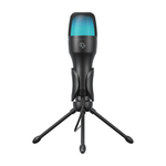 Black microphone with blue light on a white background