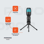 Microphone with features highlighted on a light gray background, featuring the brand 'PORODO'.