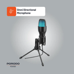 Omnidirectional microphone on a stand with 'Porodo' branding on a gray background