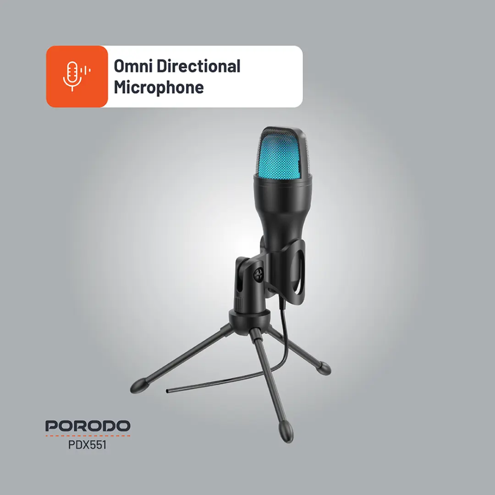 Omnidirectional microphone on a stand with 'Porodo' branding on a gray background