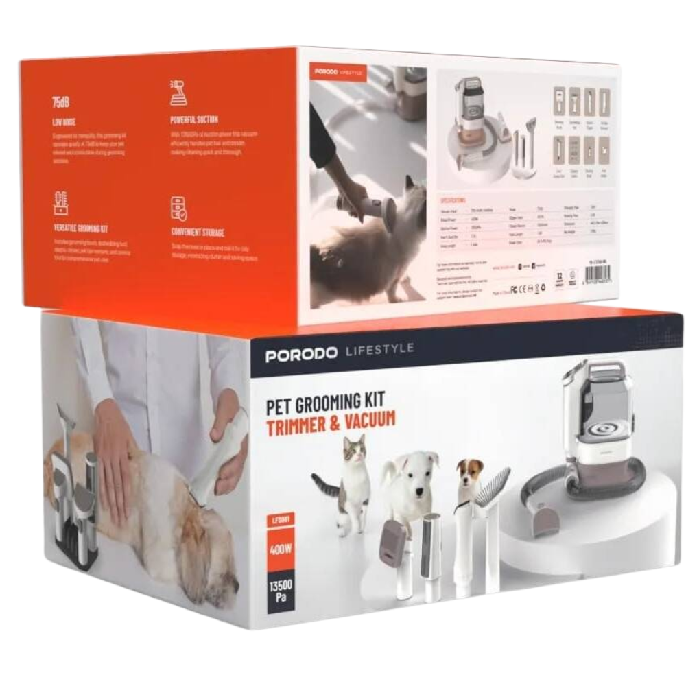 Porodo Pet Grooming Kit box with images of a dog and grooming tools on a white background