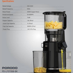 Porodo juicer with pineapple pieces and juice, specifications on the left.