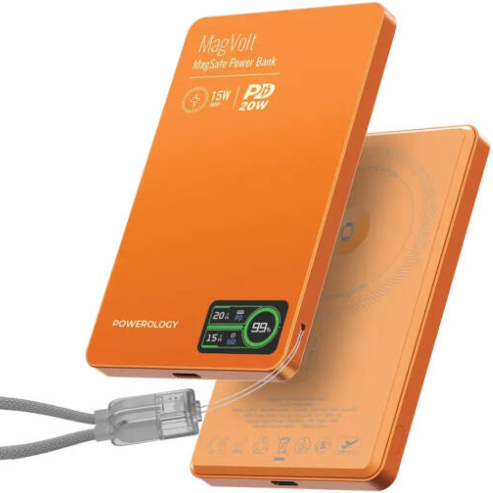Powerology MagVolt 5000mAh magnetic power bank in orange with wireless charging support