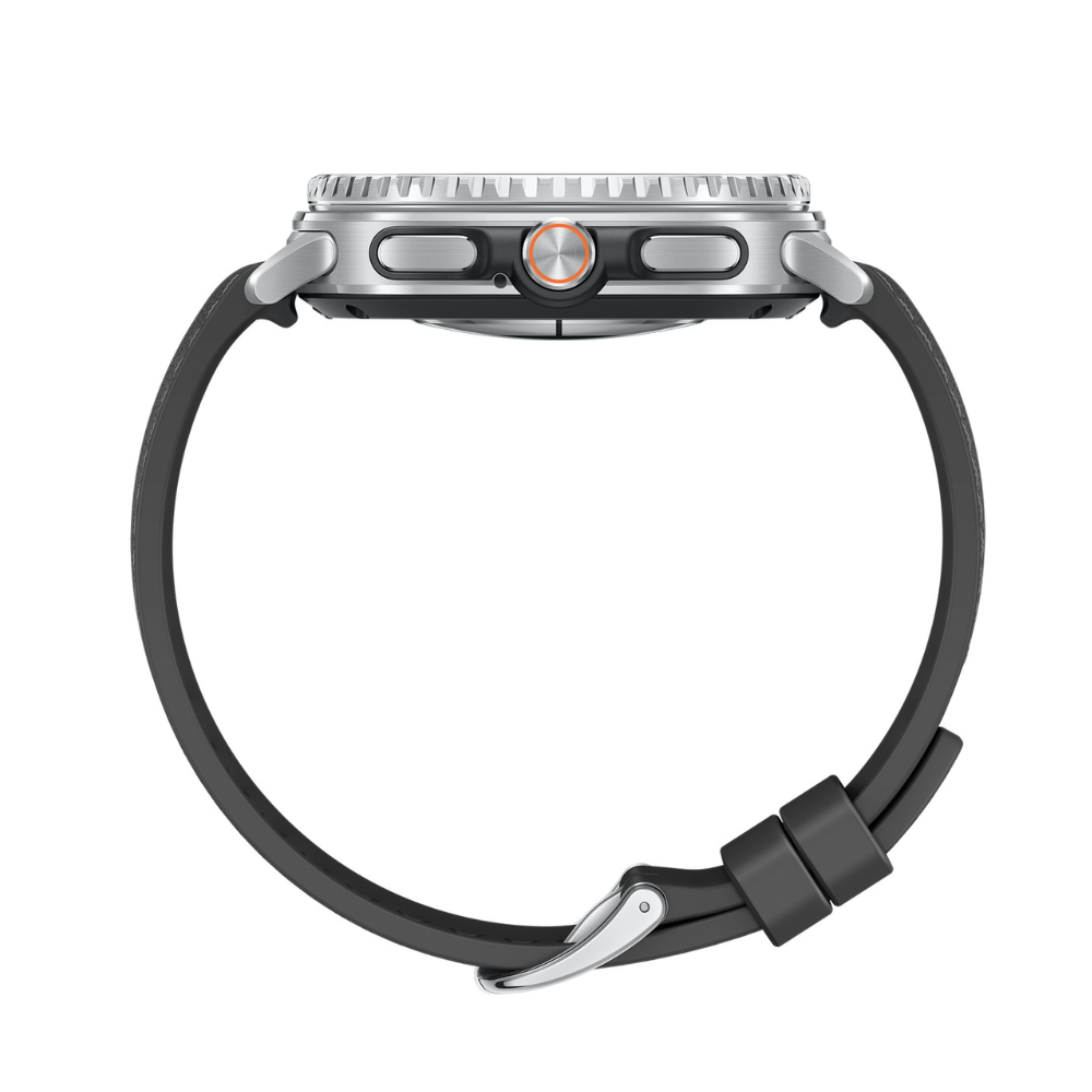 Samsung Galaxy Watch 8 Classic 46mm side profile with durable strap and rotating bezel